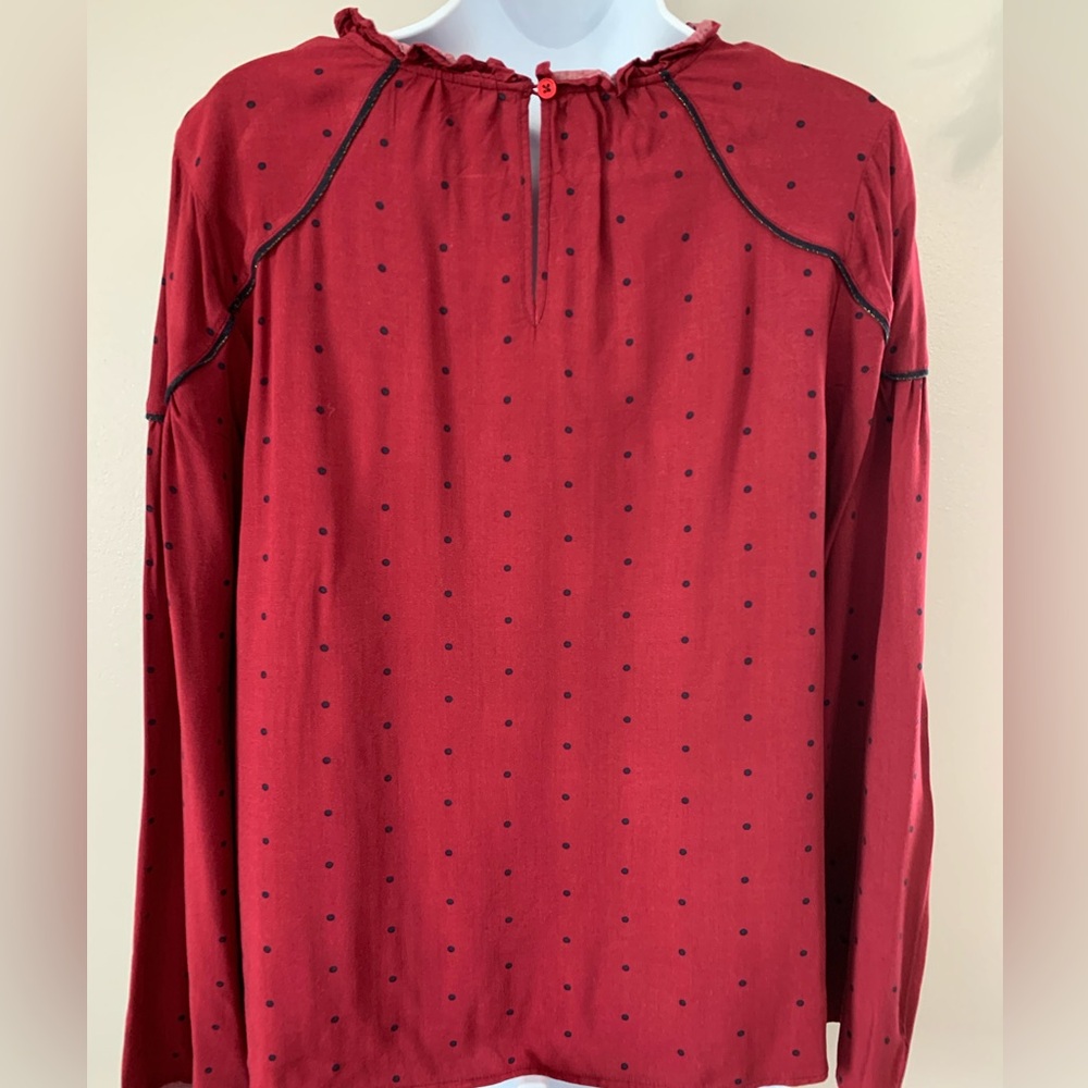 Crown & Ivy Maroon Blouse with Navy Dots and Trim - Picture 2 of 16